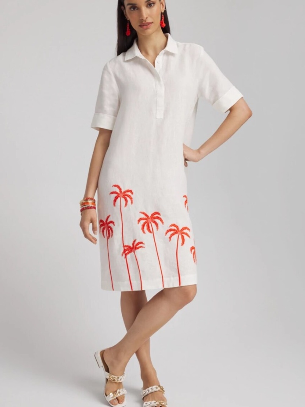 EUC Chico’s White linen embroidered Palms dress sz 14, so fun!
